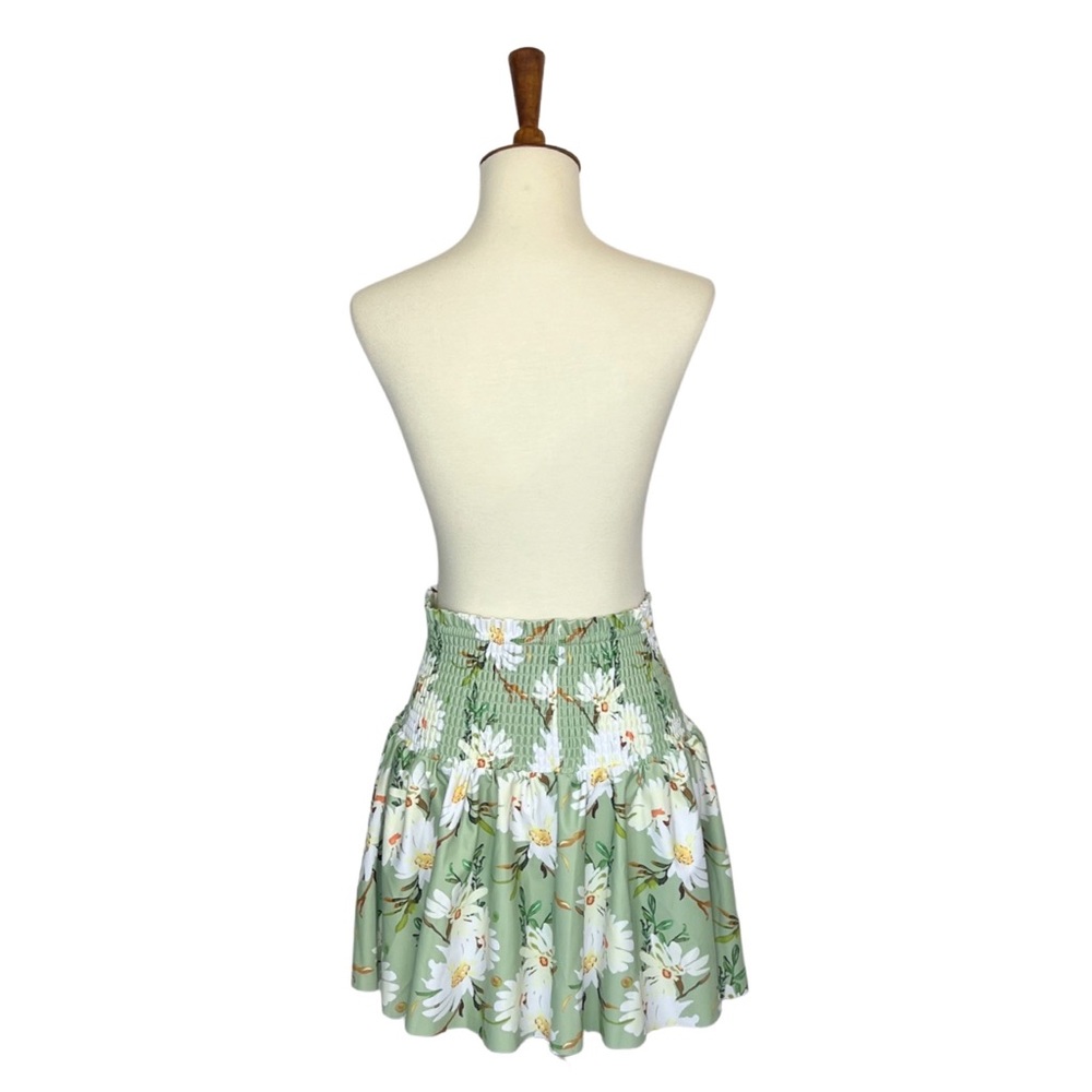 Retro Pale Green Floral Shirred High Waist Drawstring Beach Skirt - Picture 11 of 16